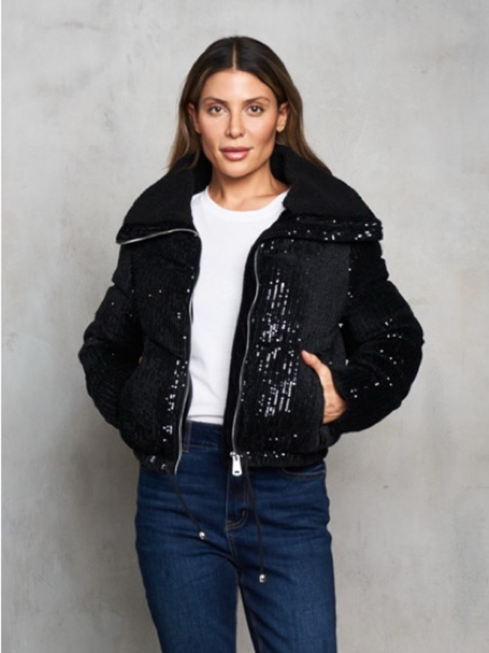 Black Sequin Puffer Jacket with Plush Collar - Women